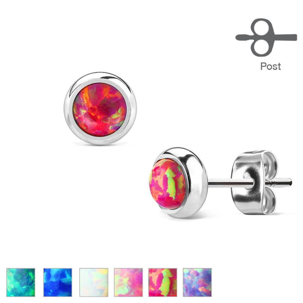 Náušnice z chirurgickej ocele - syntetický opál v objímke, rôzne farby, 6 mm - Farba: Ružová
