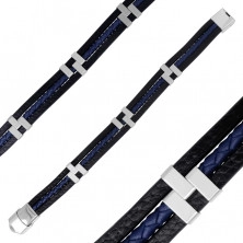 Čierny kožený náramok - modrý pletenec v strede, kovové posuvné články