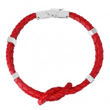 Červený kožený náramok - uzol z dvoch pletencov, kovové svorky, hodinkové zapínanie