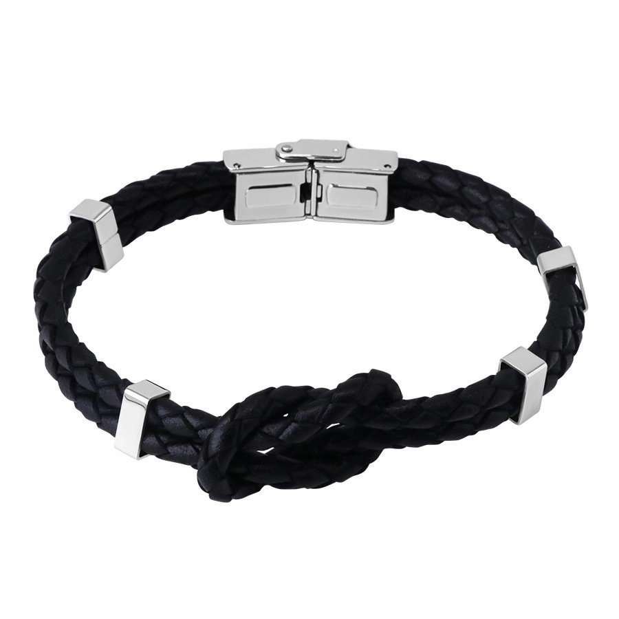 E-shop Šperky Eshop - Čierny kožený náramok - uzol z dvoch pletencov, kovové svorky, hodinkové zapínanie S40.22