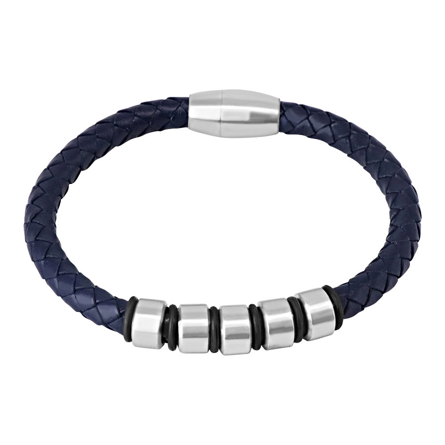E-shop Šperky Eshop - Tmavomodrý kožený náramok - pletená šnúrka s kovovými valčekmi a gumičkami, magnetické zapínanie S40.19
