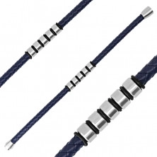 Tmavomodrý kožený náramok - pletená šnúrka s kovovými valčekmi a gumičkami, magnetické zapínanie