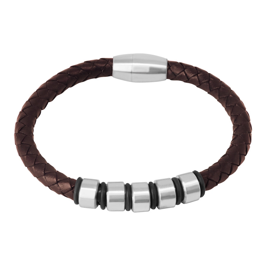 E-shop Šperky Eshop - Tmavohnedý kožený náramok - pletená šnúrka s kovovými valčekmi a gumičkami, magnetické zapínanie S40.17