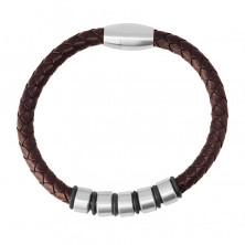 Tmavohnedý kožený náramok - pletená šnúrka s kovovými valčekmi a gumičkami, magnetické zapínanie