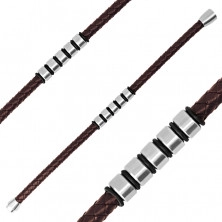 Tmavohnedý kožený náramok - pletená šnúrka s kovovými valčekmi a gumičkami, magnetické zapínanie