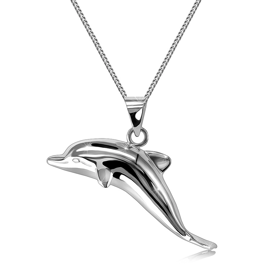 Strieborný 925 náhrdelník - prívesok v tvare plávajúceho delfína, zrkadlovolesklý povrch