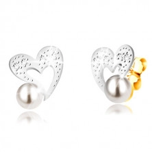 Náušnice v kombinovanom 9K zlate - srdce s nepravidelnými líniami, zirkóny, perla