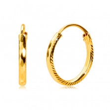 Náušnice v žltom 585 zlate - kruhy s bočným ryhovaním a diamantovým rezom, 12 mm
