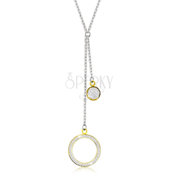 Oceľový náhrdelník - veľký obrys kruhu s kryštálikmi, plochý krúžok, prívesky v zlatej farbe