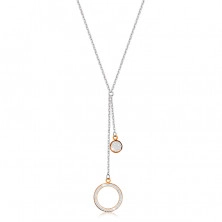 Oceľový náhrdelník - veľký obrys kruhu s kryštálikmi, plochý krúžok, prívesky v medenej farbe