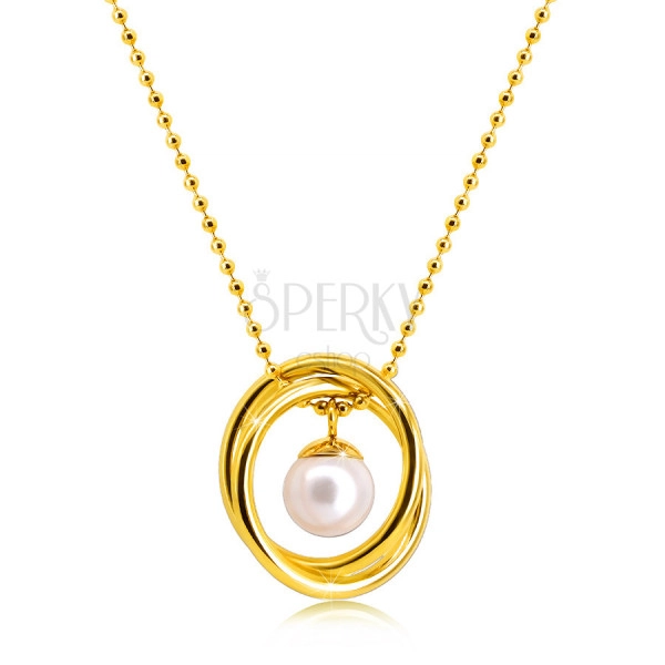 Náhrdelník z ocele v zlatej farbe - guličková retiazka, dva skrížené kruhy, perleťová gulička