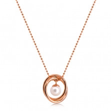 Oceľový náhrdelník v medenej farbe - guličková retiazka, dva skrížené kruhy, perleťová gulička