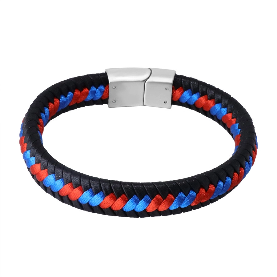 E-shop Šperky Eshop - Čierny kožený náramok - zapletené červené a modré šnúrky, zásuvné zapínanie S43.18