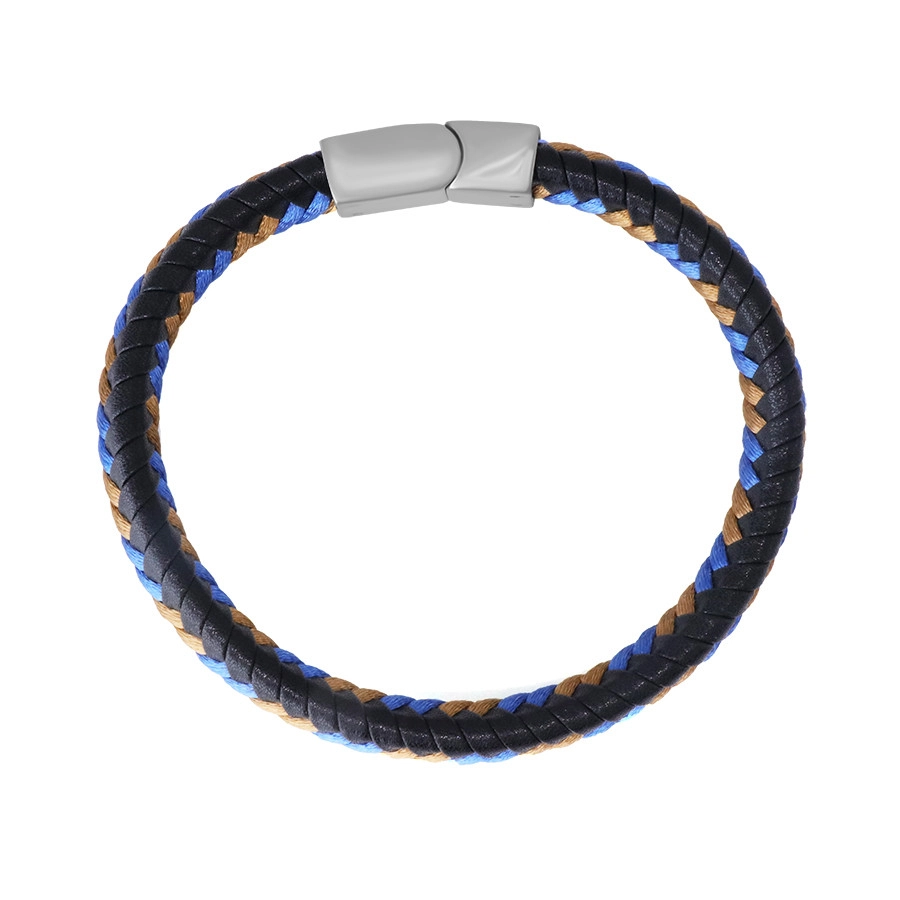 E-shop Šperky Eshop - Čierny kožený náramok - zapletené hnedé a modré šnúrky, zásuvné zapínanie S42.19