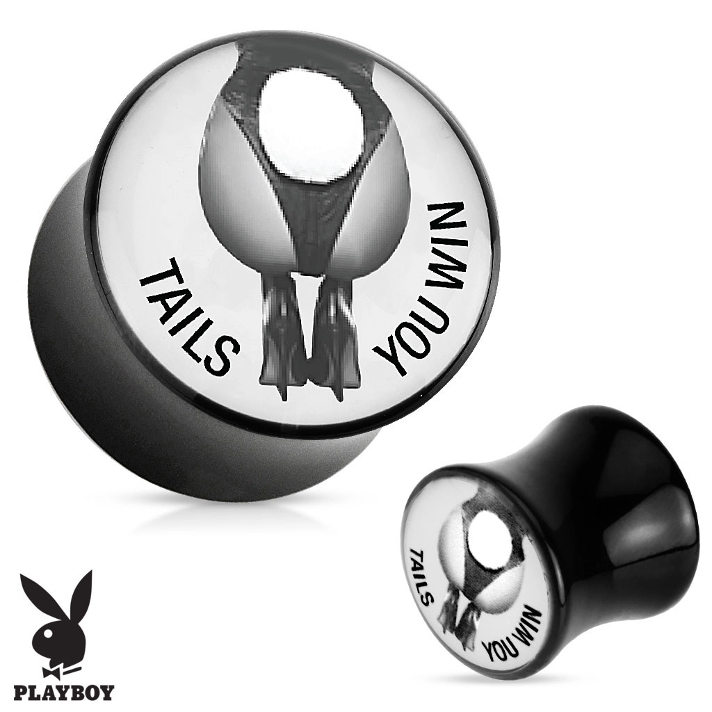 Akrylový sedlový plug do ucha Playboy - Tails You Win, čierny - Hrúbka: 22 mm