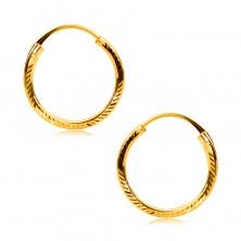 Náušnice v žltom 375 zlate - kruhy s bočným ryhovaním a diamantovým rezom, 12 mm