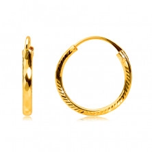 Náušnice v žltom 375 zlate - kruhy s bočným ryhovaním a diamantovým rezom, 12 mm