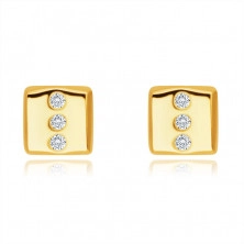 Diamantové 14K náušnice zo žltého zlata - obdĺžnik s tromi okrúhlymi briliantmi, puzetky 