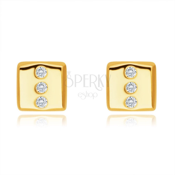 Diamantové 14K náušnice zo žltého zlata - obdĺžnik s tromi okrúhlymi briliantmi, puzetky 
