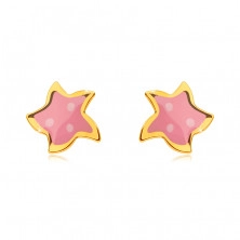 Náušnice v žltom zlate 585 - hviezda s piatimi cípmi, ružovou glazúrou a tromi bodkami
