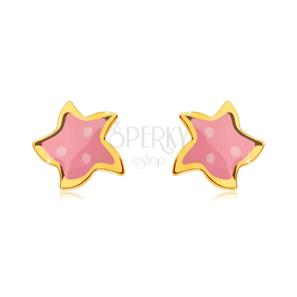 Náušnice v žltom zlate 585 - hviezda s piatimi cípmi, ružovou glazúrou a tromi bodkami
