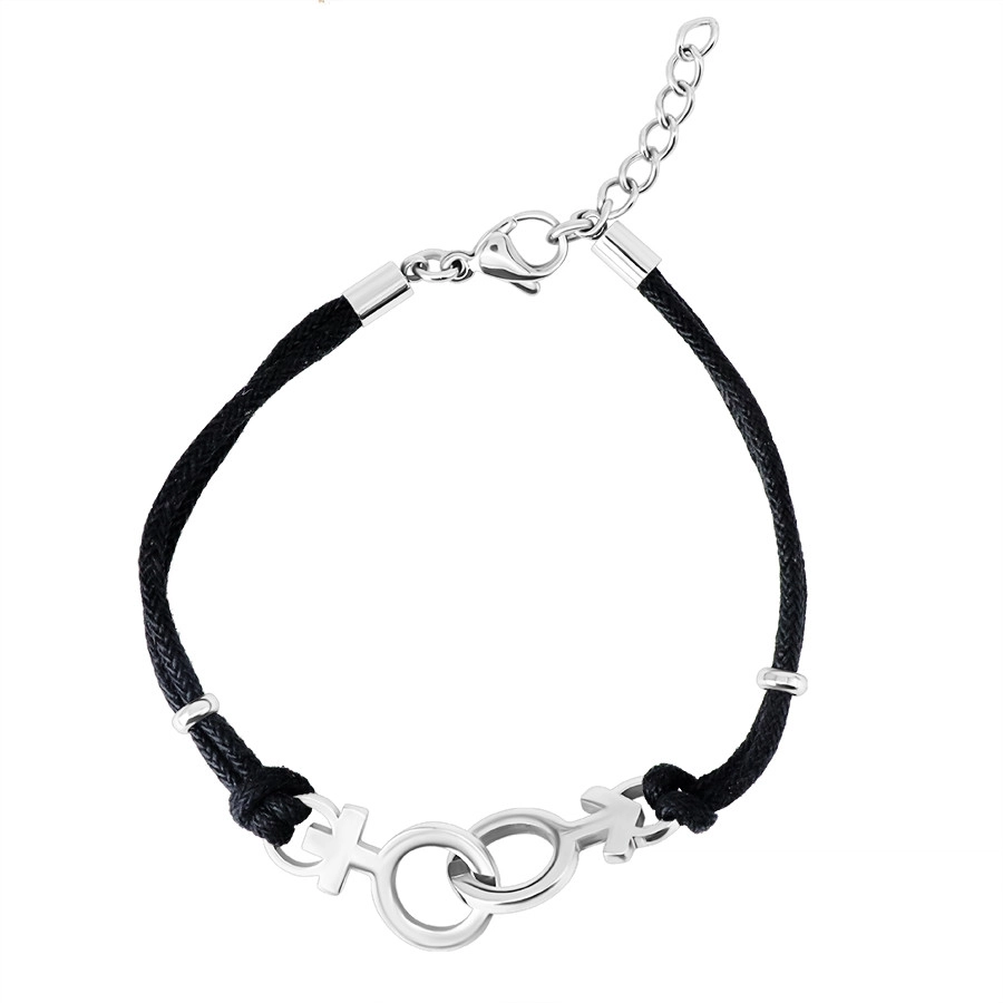 E-shop Šperky Eshop - Čierny šnúrkový náramok, prívesok striebornej farby - spojené symboly žena a muž X38.15