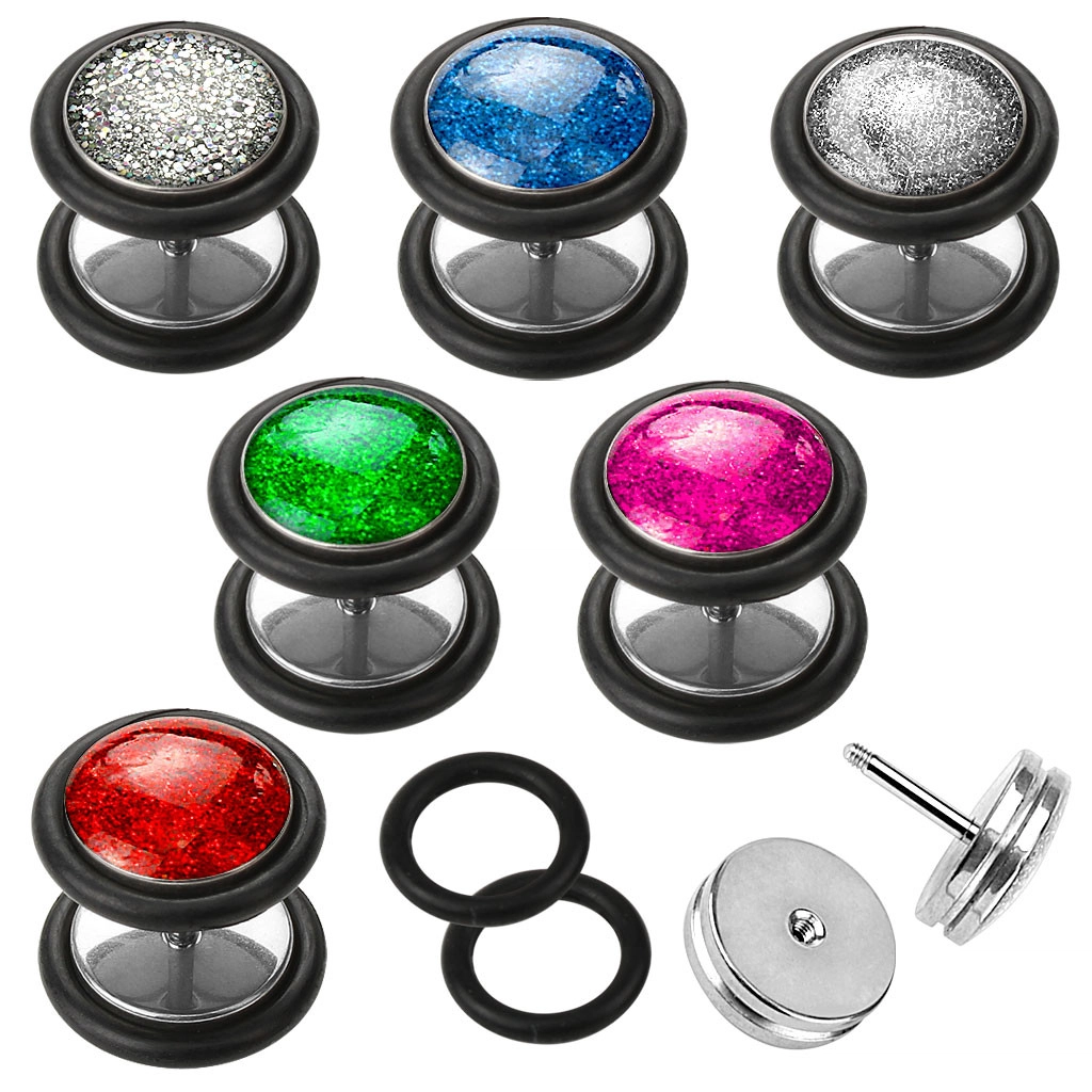 Fake plug z ocele 316L, okrúhly tvar, čierne gumičky, rôzne farby, 6 mm - Farba piercing: Biela