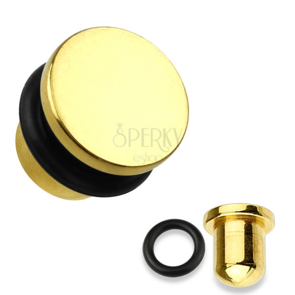  Plug do ucha z ocele 316L v zlatej farbe, čierna gumička, rôzne hrúbky