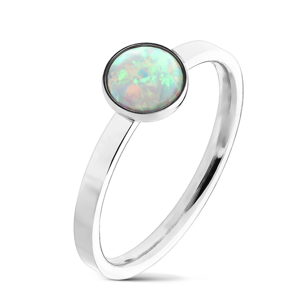 Oceľový prsteň striebornej farby, syntetický opál s dúhovými odleskami, úzke ramená - Veľkosť: 55 mm