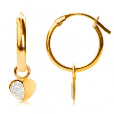 Zlaté náušnice v 14K zlate, kruhy s príveskom srdiečka, francúzsky zámok, 12 mm