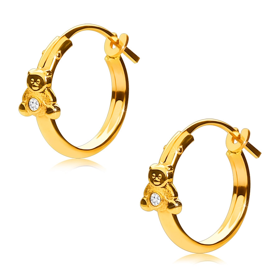E-shop Šperky Eshop - Náušnice zo žltého 14K zlata, kruhy s macíkom a zirkónikom, francúzsky zámok, 12 mm S2GG242.04