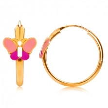 Zlaté okrúhle náušnice v 14K zlate, ružový motýlik, lesklý povrch, 15 mm