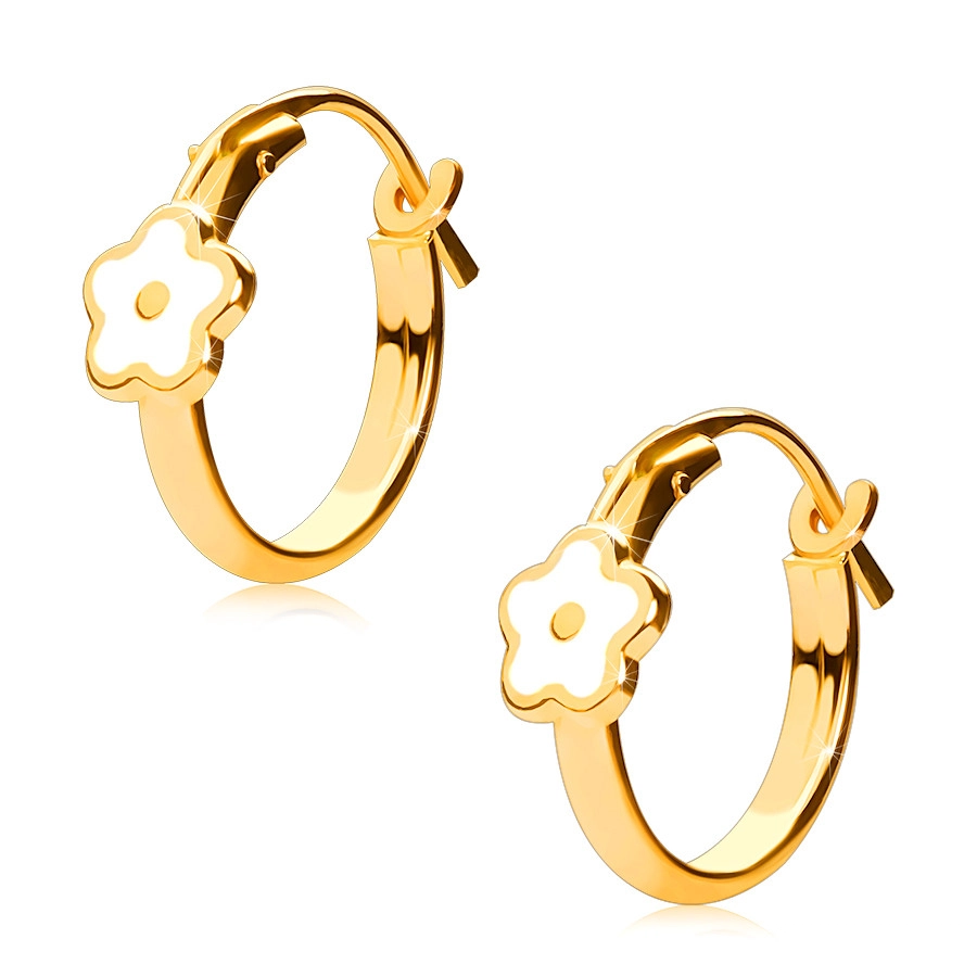 E-shop Šperky Eshop - Zlaté okrúhle náušnice v 14K zlate, biely kvietok, francúzsky zámok, 12 mm S2GG242.03