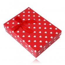 Darčeková krabička na retiazku alebo set – biele srdiečka, červený podklad