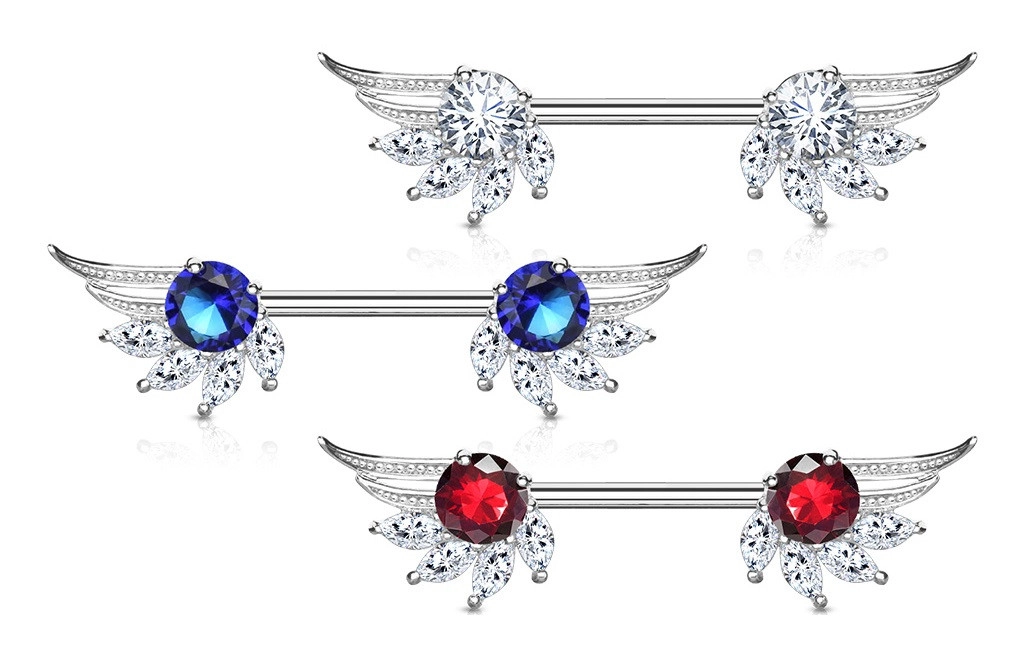 Piercing do bradavky z chirurgickej ocele, anjelské krídla, zirkóny, ródiovaný - Farba zirkónu: Číra - Modrá