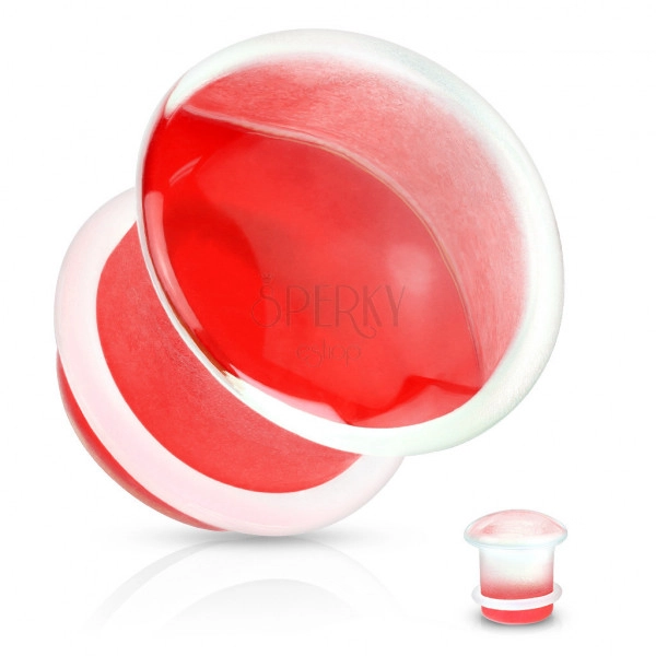 Plug do ucha z číreho skla, vypuklý tvar - hríbik s červeným zakončením