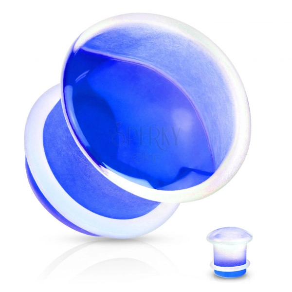Plug do ucha, číre sklo, vypuklý tvar v modrom zakončení, brzdiaca gumička
