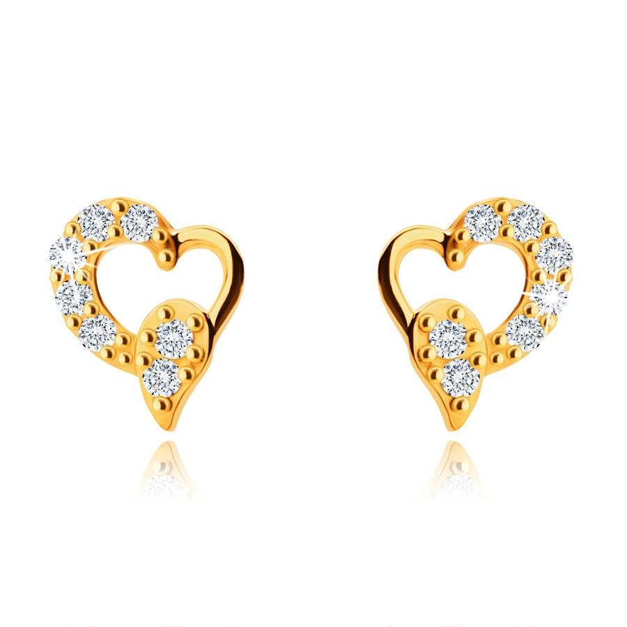 E-shop Šperky Eshop - Asymetrické náušnice zo žltého 9K zlata, srdce so slzičkou, číre zirkóny, puzetky S4GG245.39