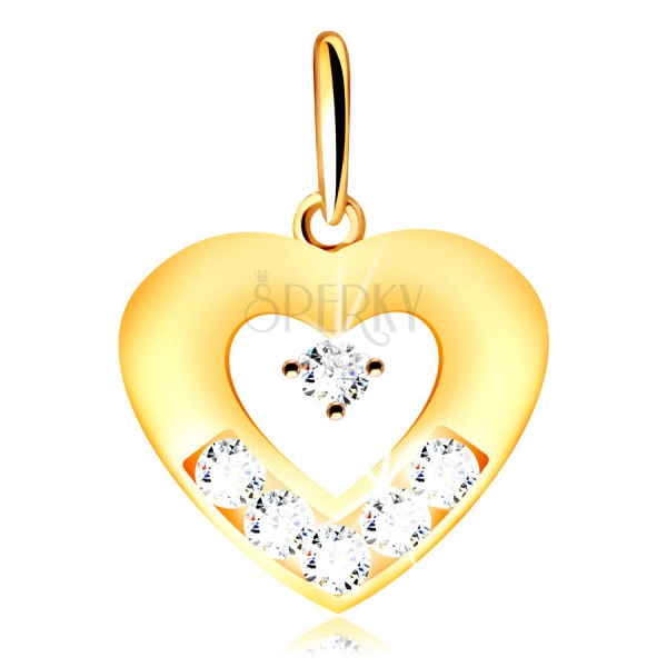 Zlatý prívesok 375 - obrys plochého srdca s výrezom, zirkóniky čírej farby 
