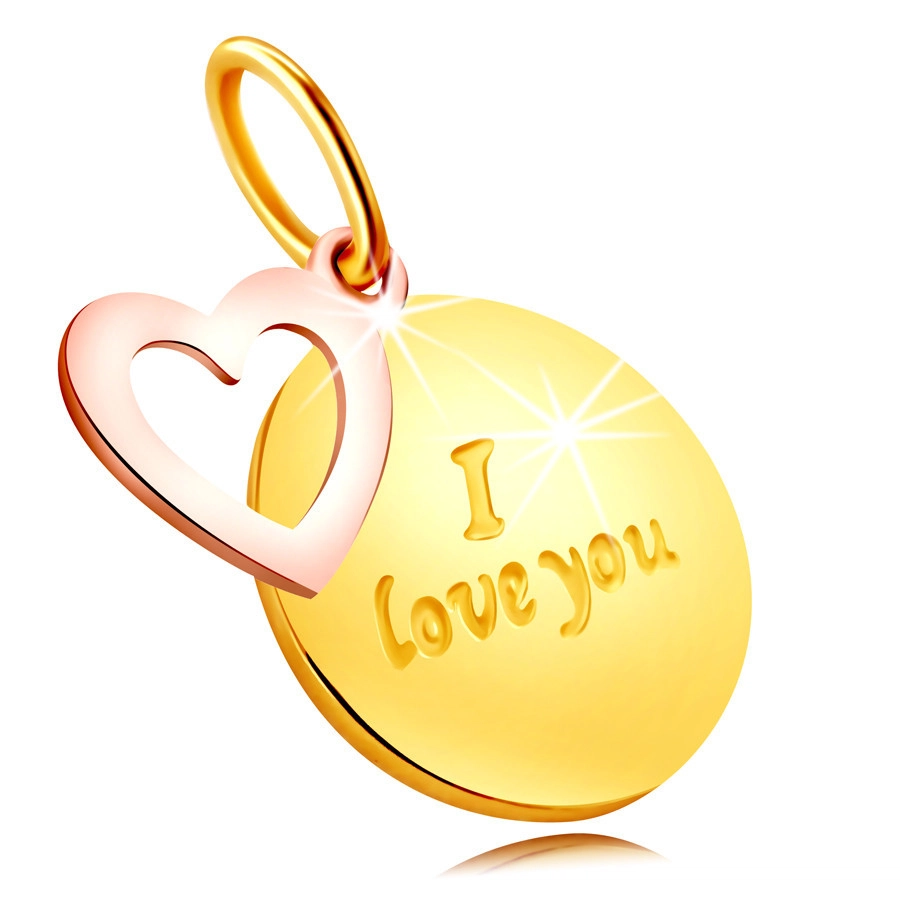 E-shop Šperky Eshop - Prívesok z kombinovaného 375 zlata - okrúhla známka s nápisom "I love you", kontúra srdca S4GG245.24