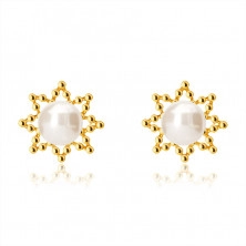 Zlaté 9K náušnice - obrys osemcípej hviezdičky, okrúhla sladkovodná perla, puzetky