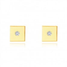 Zlaté 9K náušnice - hladký lesklý štvorček, drobný okrúhly zirkón, puzetové zapínanie