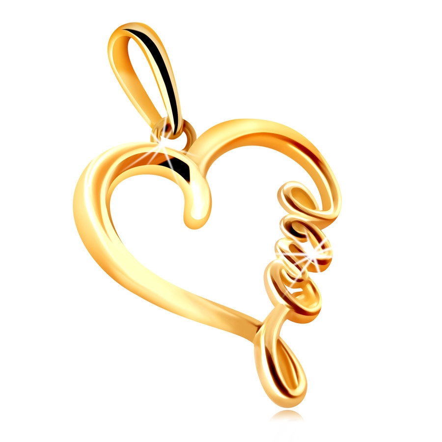 E-shop Šperky Eshop - Prívesok zo žltého 375 zlata - lesklá kontúra srdca s nápisom "Love" S4GG243.09