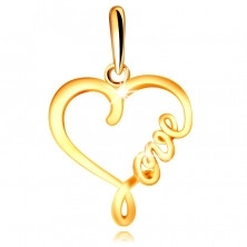 Prívesok zo žltého 375 zlata - lesklá kontúra srdca s nápisom "Love"