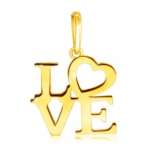 Prívesok z 9K žltého zlata - nápis "LOVE" veľkými písmenami, srdiečko ako písmeno O