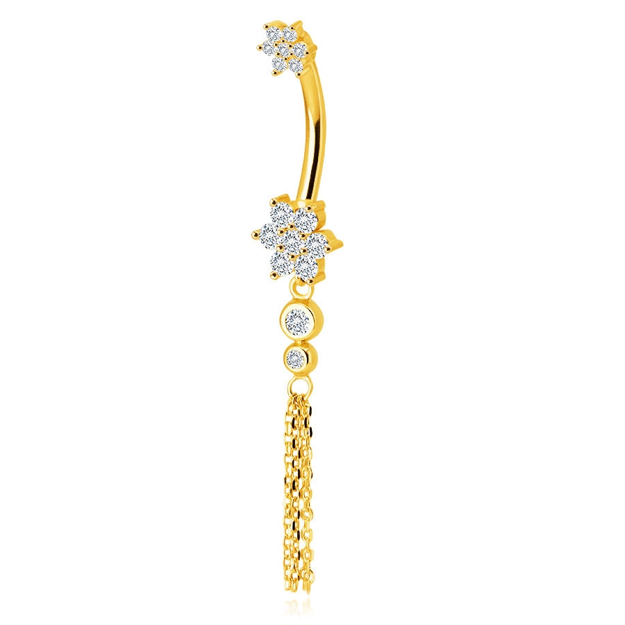 E-shop Šperky Eshop - Zlatý piercing 375 do pupku - kvietky so zirkónmi, dva číre zirkóniky v objímke, očko s retiazkou S4GG243.25