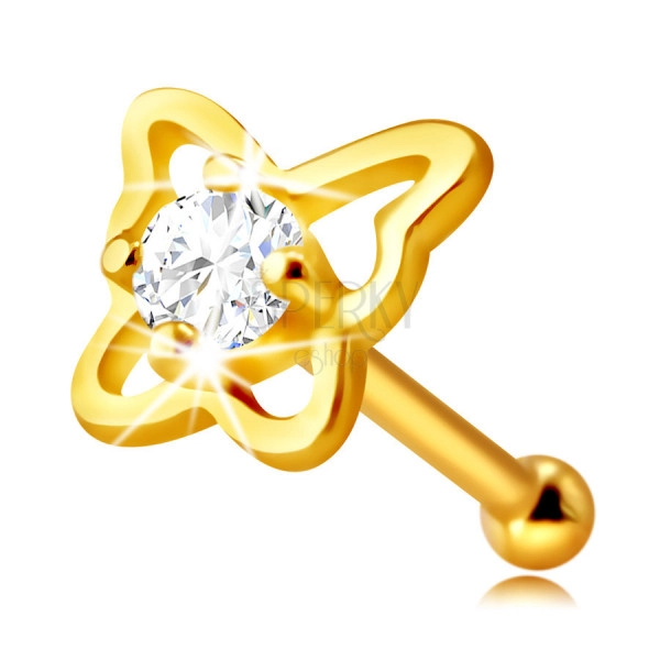 Zlatý piercing do nosa z 9K zlata - kontúra motýľa s okrúhlym zirkónom čírej farby, 2 mm