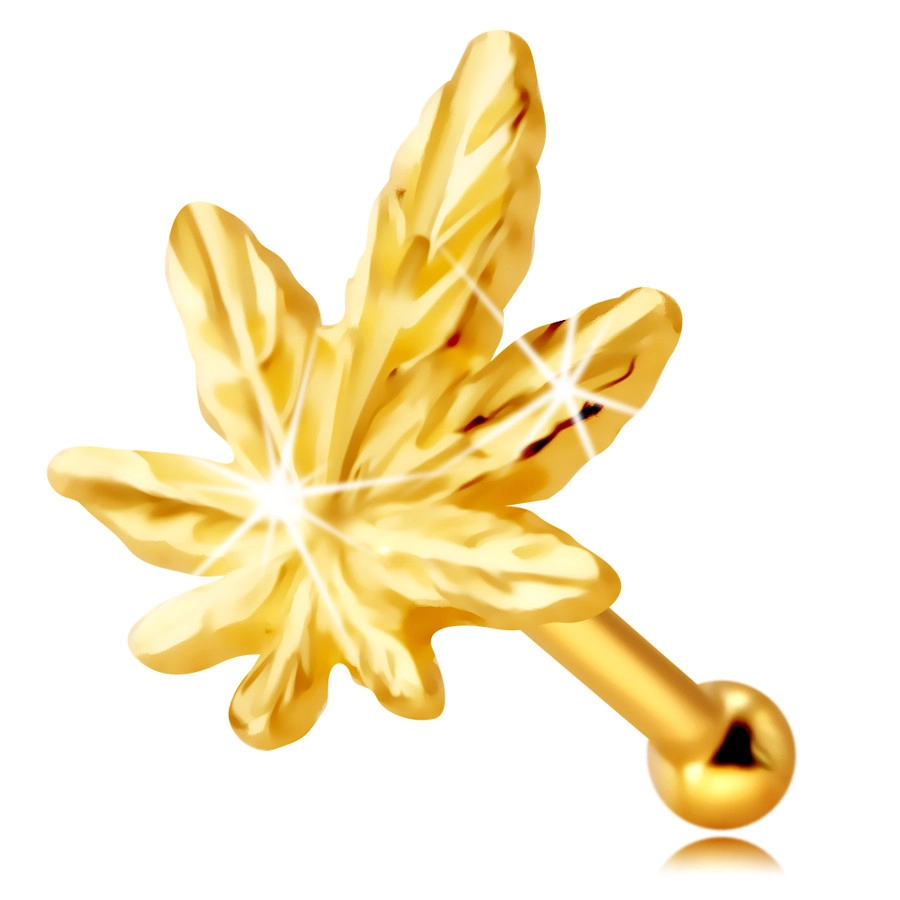 Piercing do nosa z 9K žltého zlata - kontúra marihuanového listu, drobné žilky