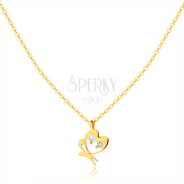 Zlatý 9K náhrdelník - lesklá retiazka, jemný obrys motýlika s hladkým povrchom a čírymi zirkónikmi