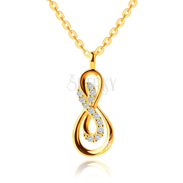 9K náhrdelník v žltom zlate - symbol prepletené nekonečno, číre zirkóny, ploché očká